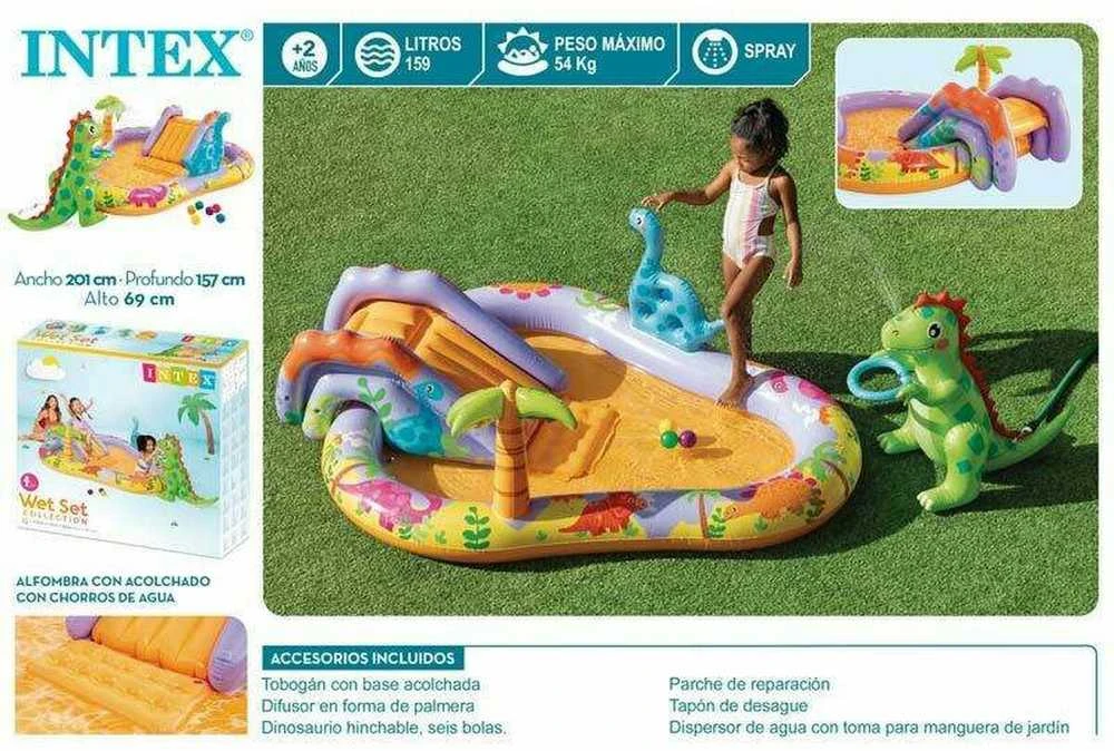Pripučiamas vaikų baseinas su čiuožykla ir fontanu Dinozauras INTEX 56139 201x157x69 cm