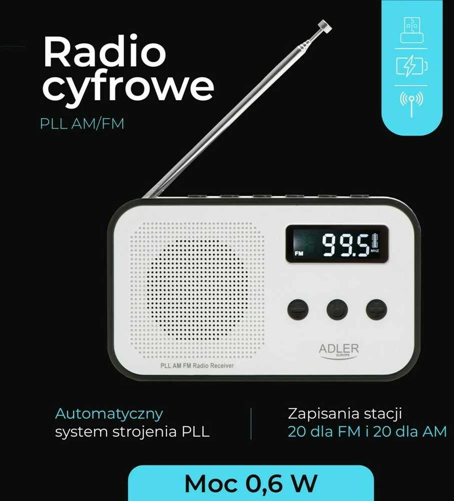 Adler | Digital radio PLL AM/FM | AD 1907 | Alarm function | Baltas/Juodas