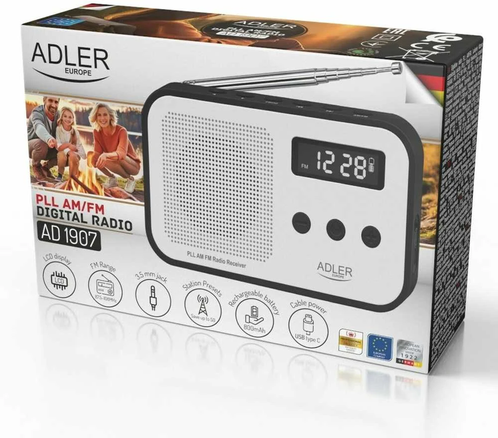 Adler | Digital radio PLL AM/FM | AD 1907 | Alarm function | Baltas/Juodas