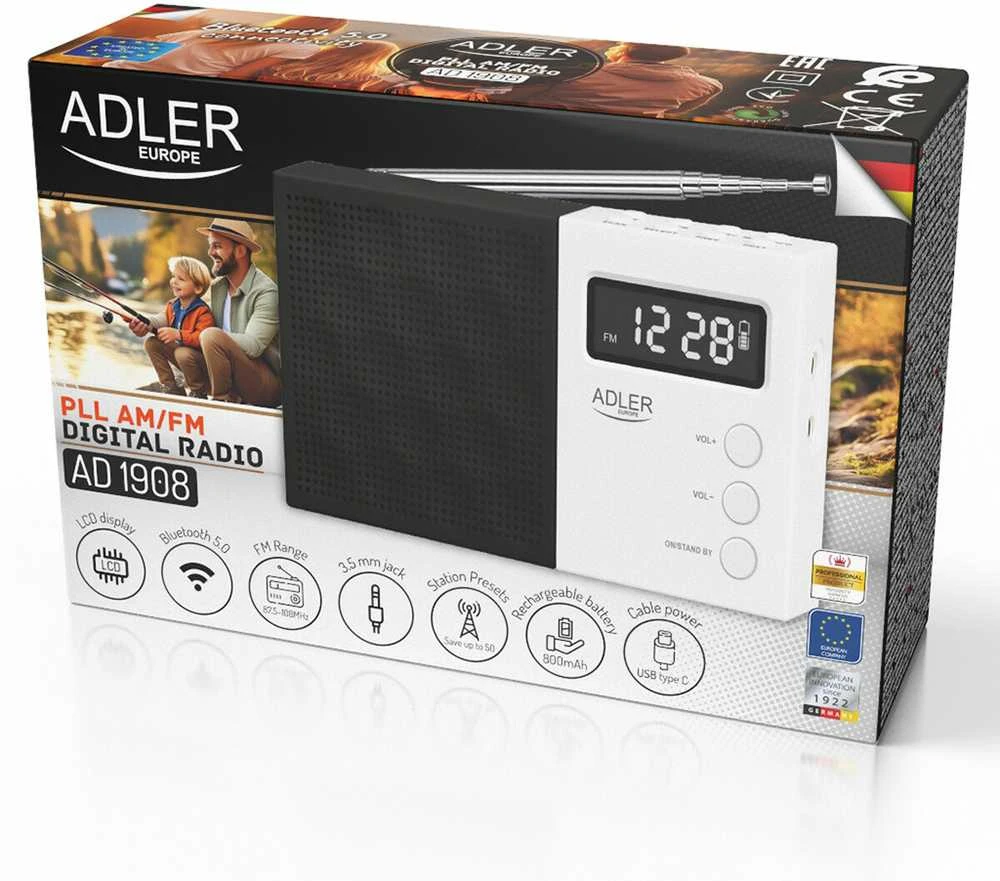 Adler | Digital Radio - PLL AM/FM | AD 1908 | Alarm function | Baltas/Juodas