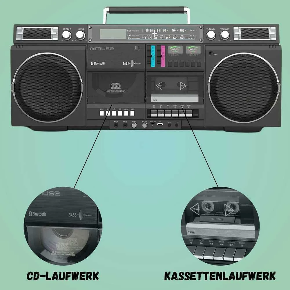Muzikinis centras Muse | Ghetto Blasters | M-380 GB | AUX in | Bluetooth | Cassette deck | CD grotuvas | Juodas
