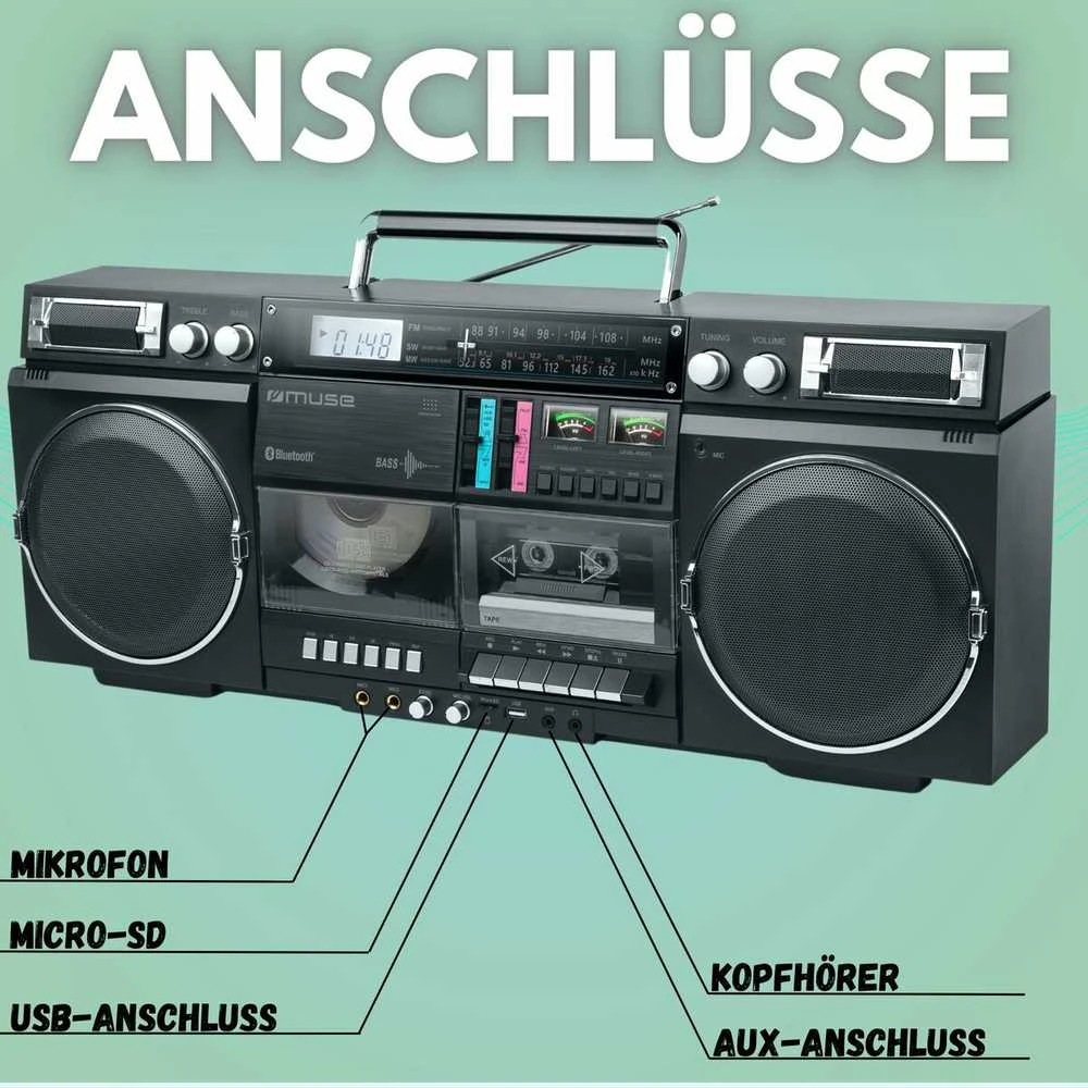 Muzikinis centras Muse | Ghetto Blasters | M-380 GB | AUX in | Bluetooth | Cassette deck | CD grotuvas | Juodas