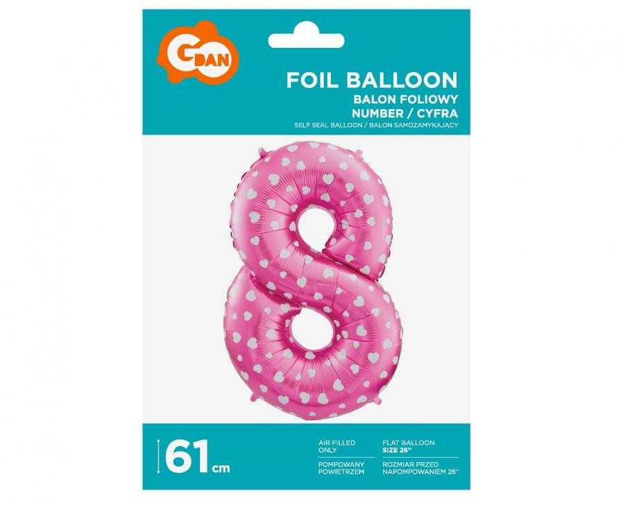 GoDan Balon foliowy Cyfra8 róż/serca 61cm HS-C26R8 05988