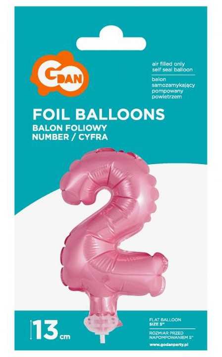 GoDan 13cm folijos balionas ant lazdos "2" Rausva