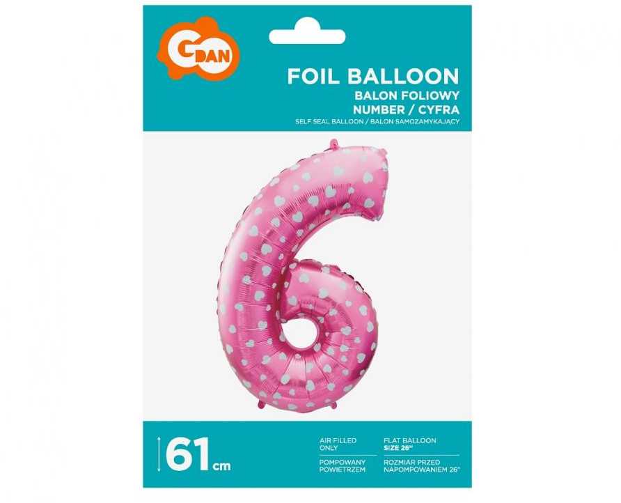 GoDan Number 6 folijos balionas, rožinis su širdelėmis, 61 cm