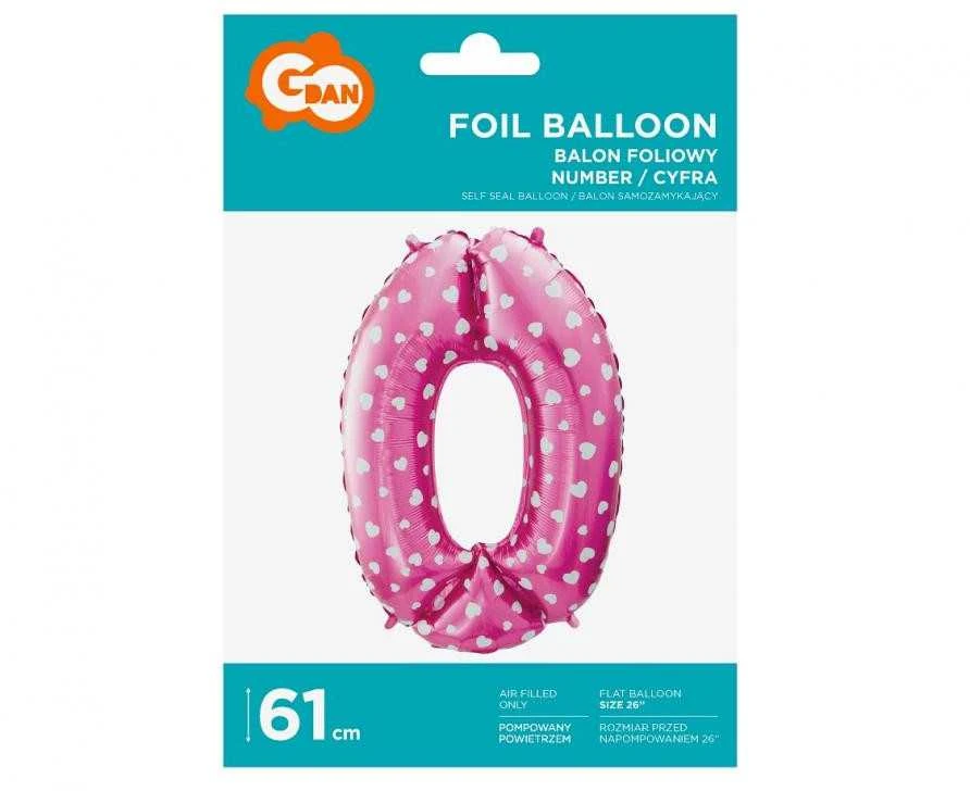 GoDan 0 numerio folijos balionas, rožinis su širdelėmis, 61 cm