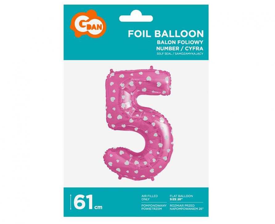 GoDan Balon foliowy Cyfra5 róż/serca 61cm HS-C26R5 05926
