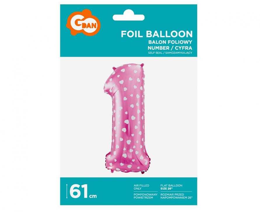 Rožinis skaičius su širdelėmis, rožinis folijos balionas „1“, 61 cm