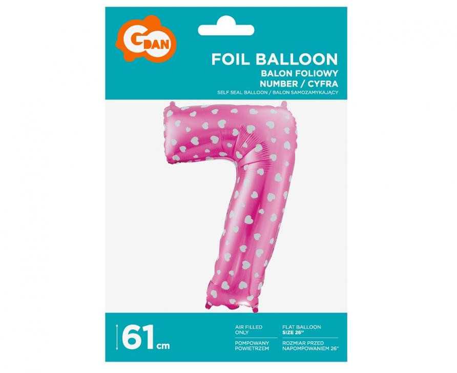 GoDan Balon foliowy Cyfra 7, rožinė w serca, 61 cm