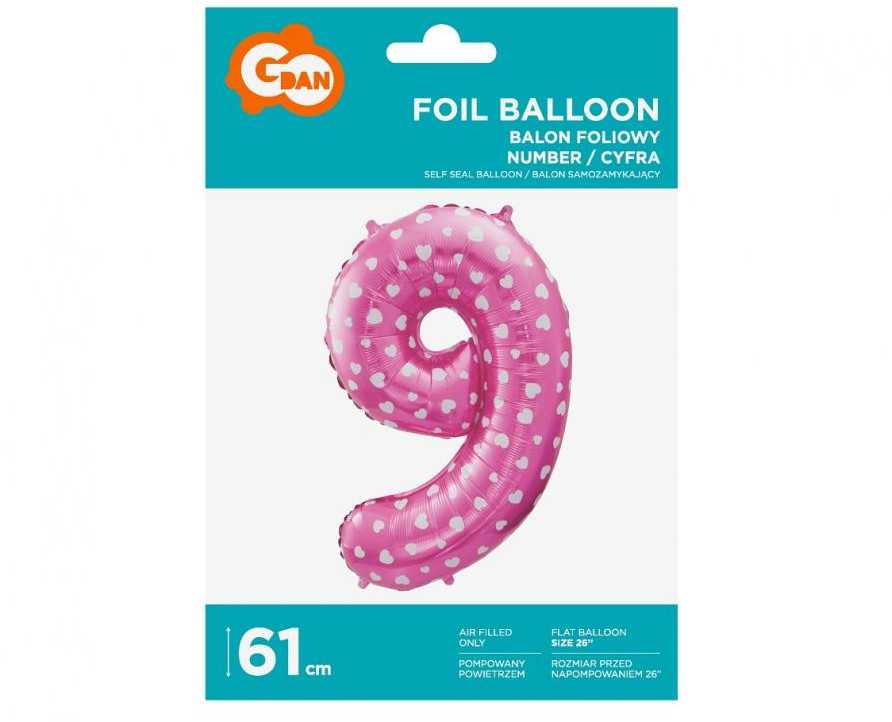 GoDan 9 numerio folijos balionas, rožinis su širdelėmis, 61 cm