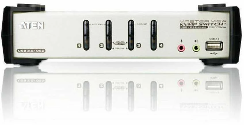 ATEN CS1734B-A7-G ATEN CS1734B 4 prievadų USB 2.0 KVMP jungiklis OSD, 4x USB kabeliai, 2 prievadų šakotuvas, garsas
