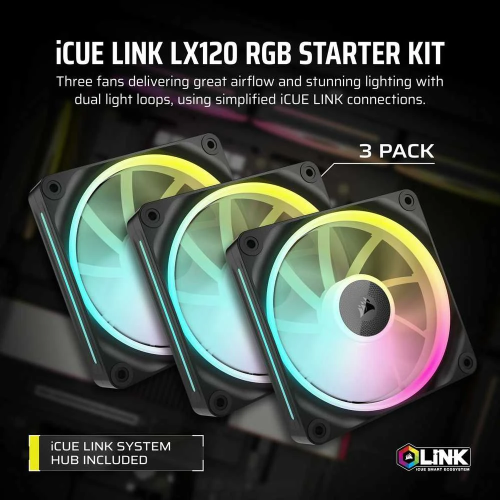 Corsair iCUE Link LX120 RGB, PWM korpuso ventiliatorius, 3er Pack – 120mm, juodos spalvos