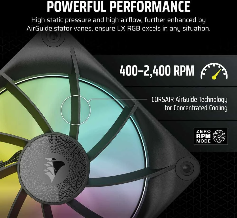 Corsair iCUE Link LX120 RGB, PWM korpuso ventiliatorius, 3er Pack – 120mm, juodos spalvos