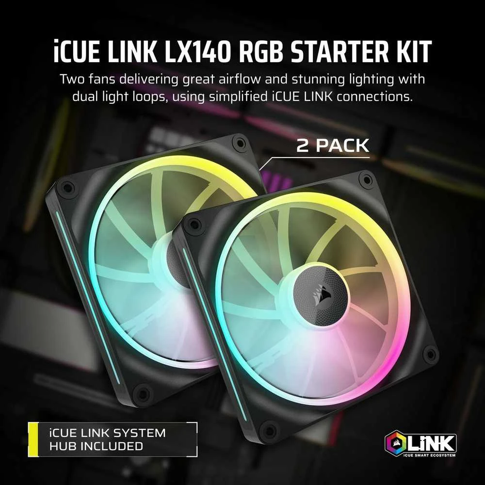 Corsair iCUE Link LX140 RGB, PWM korpuso ventiliatorius, 2er Pack – 140mm, juodos spalvos