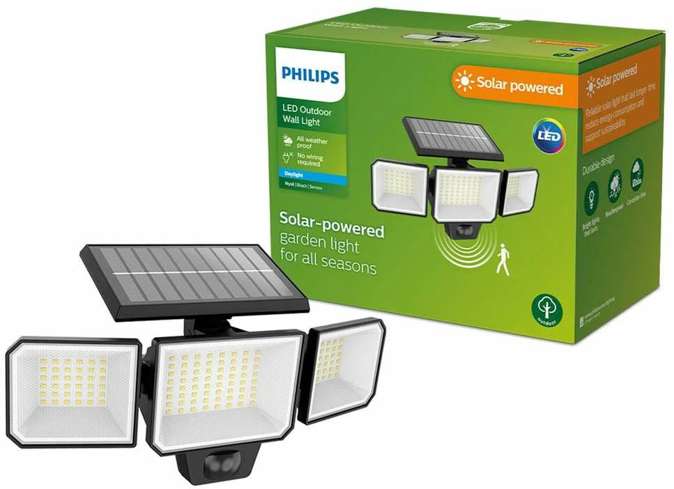 Philips Nysil saulės energija varomas LED fasado šviestuvas | 5000K | IP65 | Judesio jutiklis