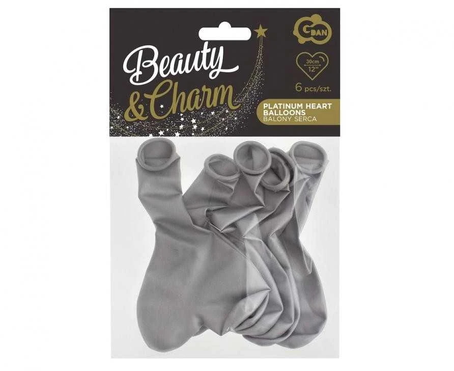 GoDan Latex Balloons Hearts Platinum Sidabrinis - 30 cm - 6 vnt