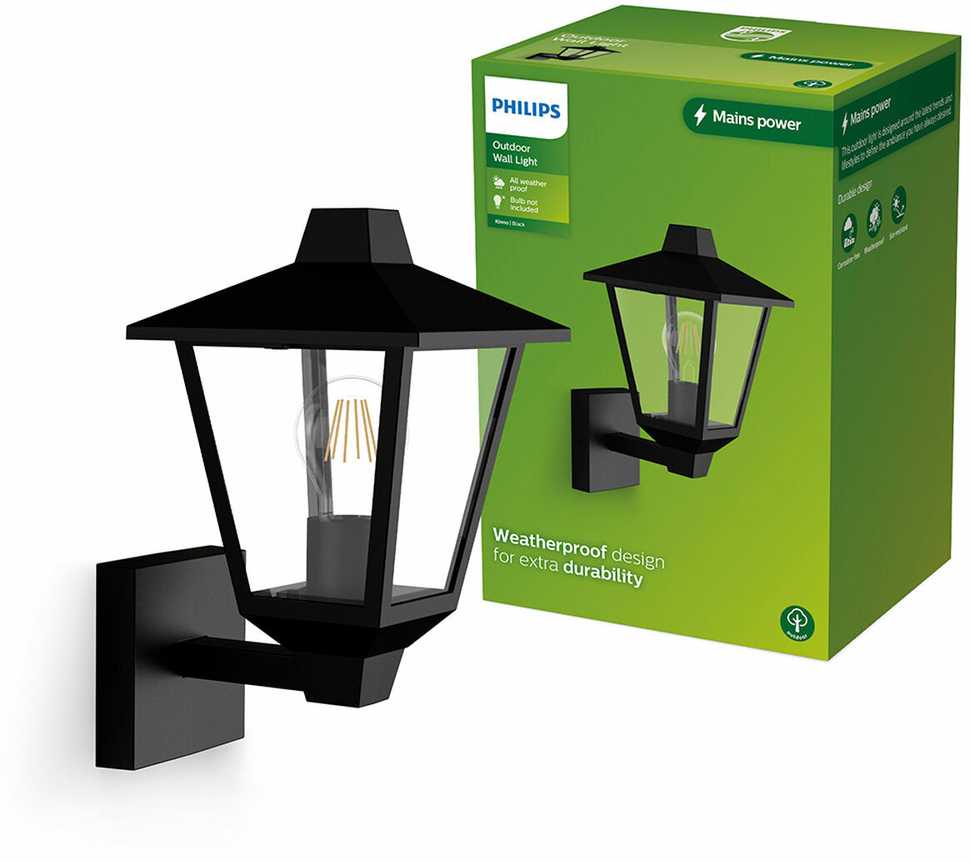 Sieninis šviestuvas Philips Kinno Wall Lights 25W E27 No-bulb, Outdoor wall lighting, Juodas, Metal, IP44, Garden, Patio, I