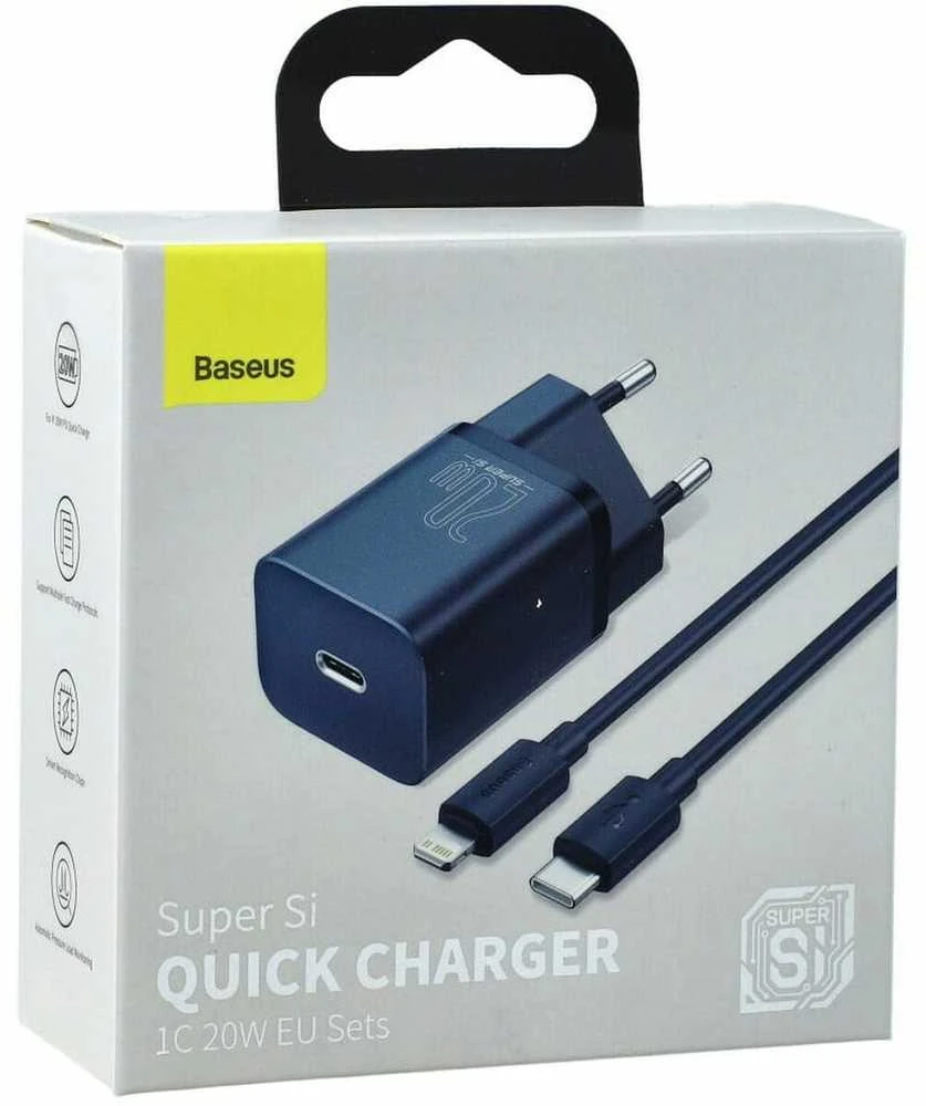 Baseus Super Si 1C 20W greitas sieninis įkroviklis su 1m USB-C - Lightning kabeliu - Mėlynas