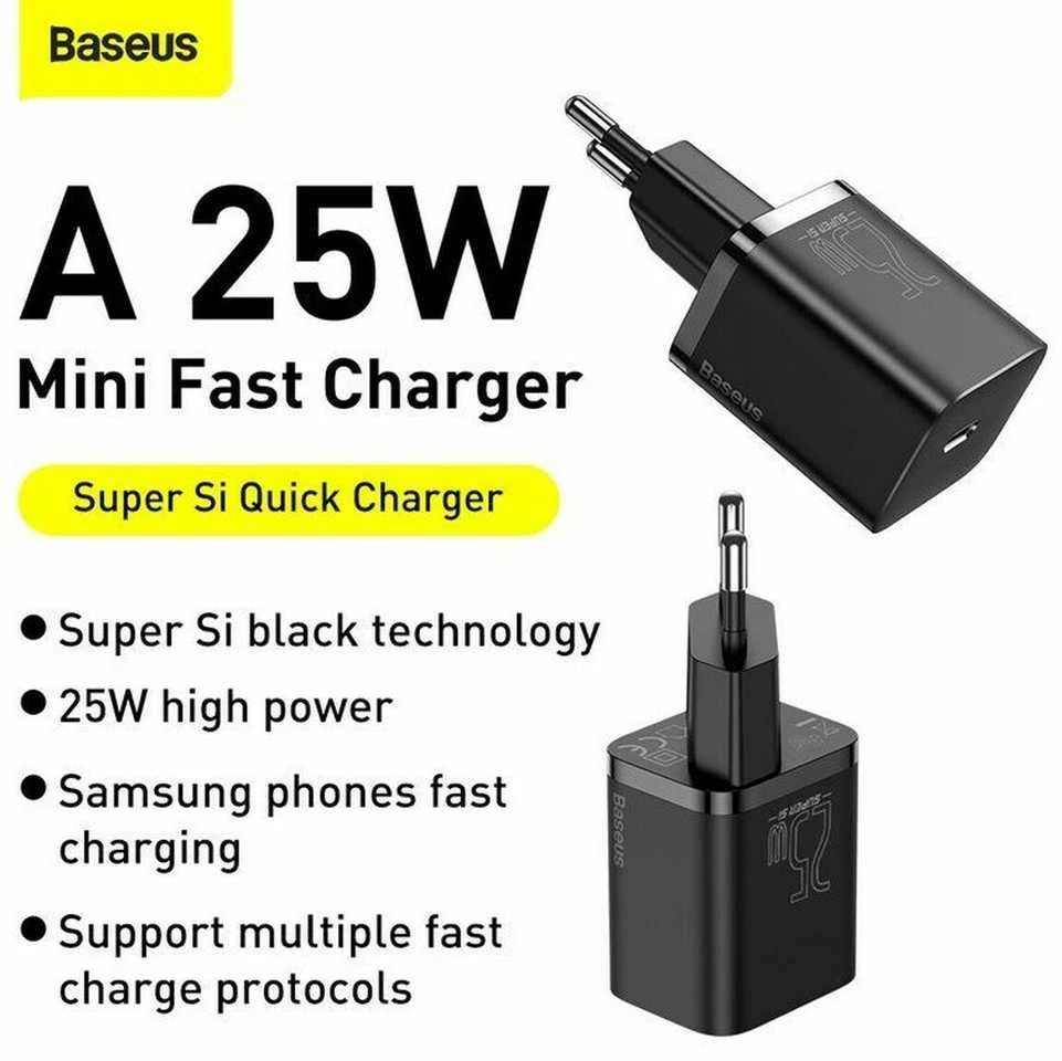 Baseus Super Si greitas įkroviklis 1C 25W su USB-C - USB-C kabelis 1m - Juodas