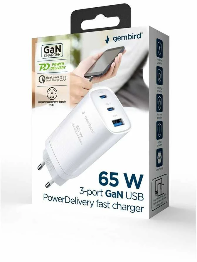 Gembird TA-UC-PDQC65-01-W 3 prievadų 65 W GaN USB „PowerDelivery“ greitasis įkroviklis, baltas