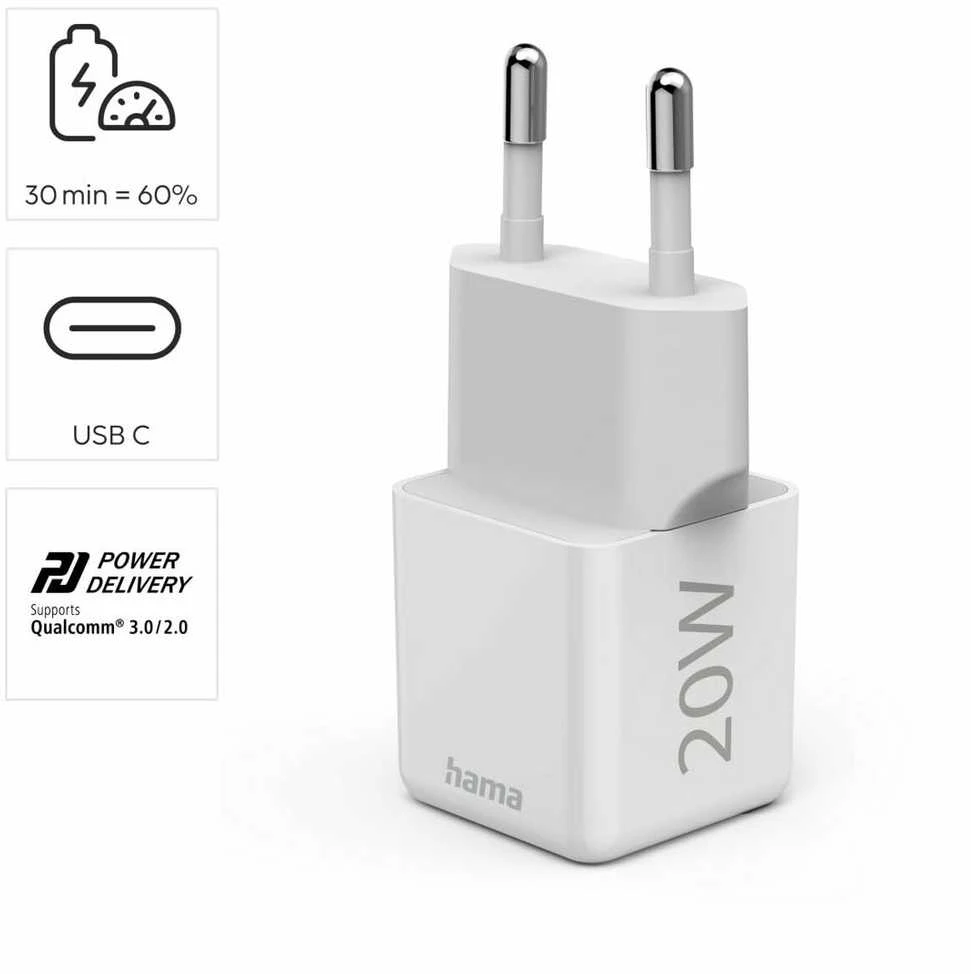 Hama supermini 20W PD/QC 1x USB-C balta