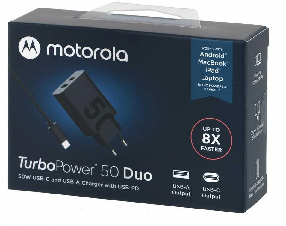 Įkroviklis Motorola TurboPower 50W dvigubas USB-C/USB-A su USB-C laidu 1m juodos spalvos
