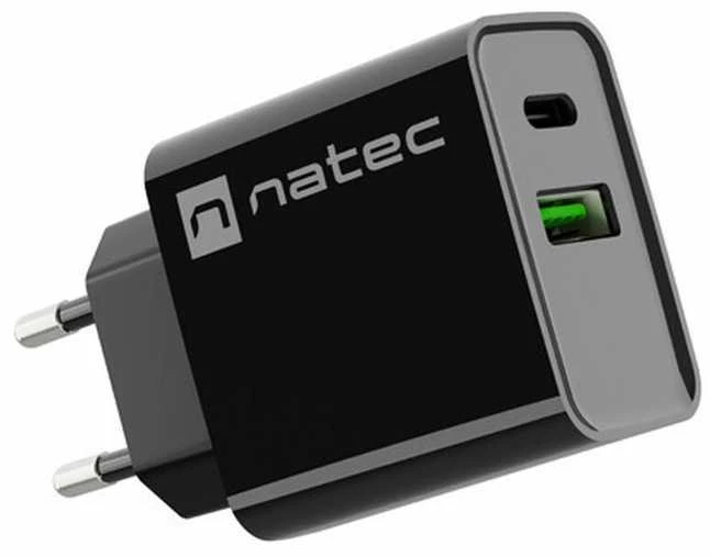 NATEC USB įkroviklis Ribera USB-A+USB-C Maitinimo tiekimas 20W juodas