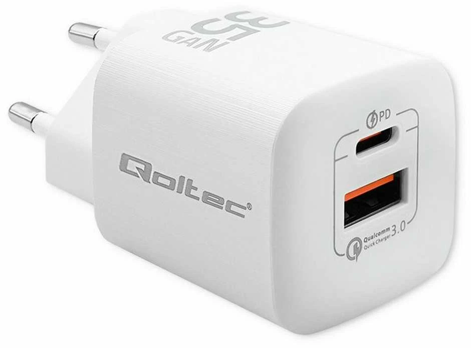 QOLTEC 50763 GaN ULTRA 35W įkroviklis / 5-20V / 2,25 3A / 1 x USB tipo C PD / 1x USB / Baltas