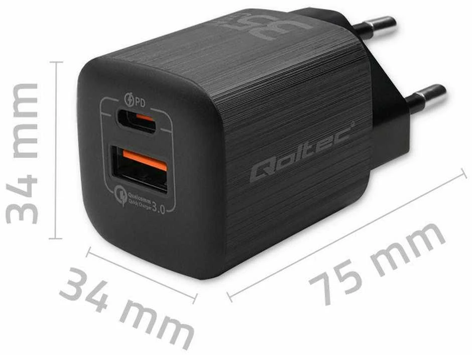 QOLTEC 50764 GaN ULTRA 35W charger / 5-20V / 2.25 3A / 1 x USB type C PD / 1x USB / Juodas