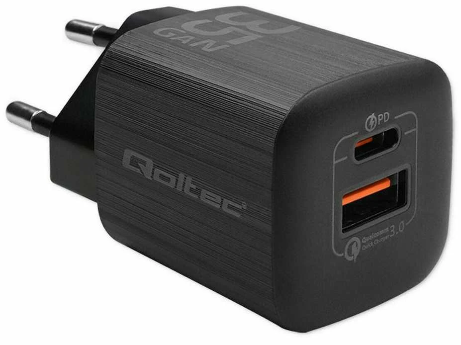 QOLTEC 50764 GaN ULTRA 35W charger / 5-20V / 2.25 3A / 1 x USB type C PD / 1x USB / Juodas