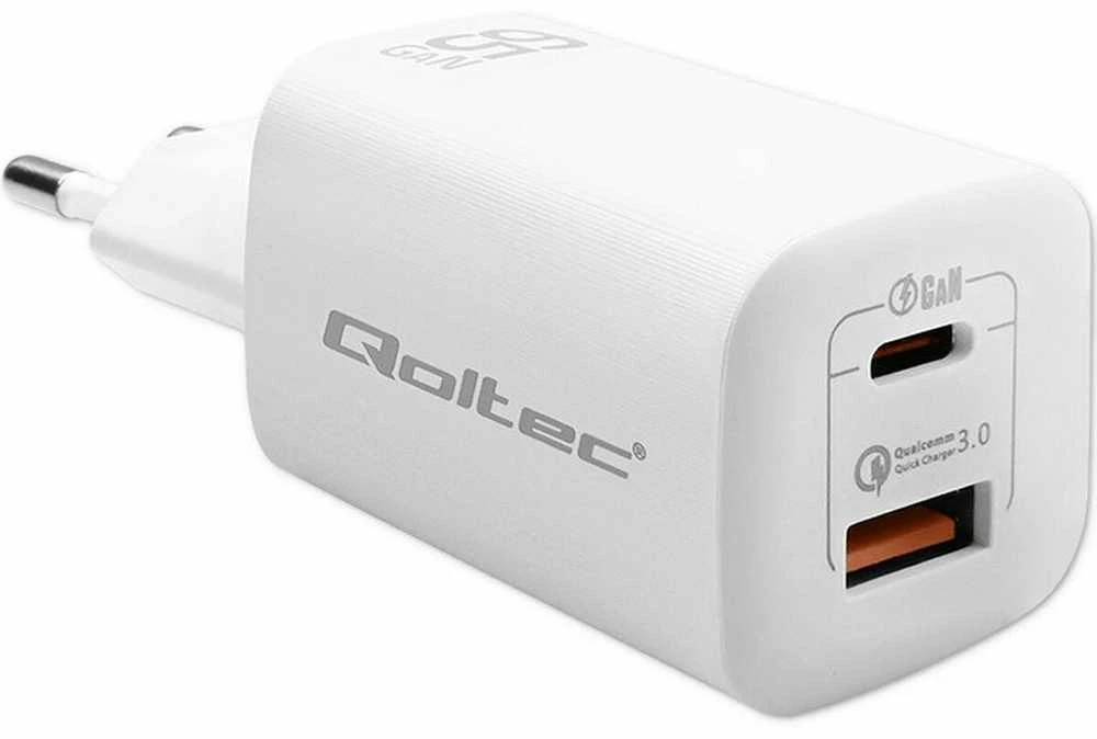 QOLTEC 50765 GaN ULTRA 65w įkroviklis / 5-20V / 2,25 3,25A / 1 x USB tipo C PD / 1x USB / Baltas