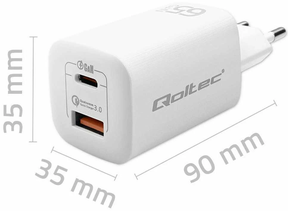QOLTEC 50765 GaN ULTRA 65w įkroviklis / 5-20V / 2,25 3,25A / 1 x USB tipo C PD / 1x USB / Baltas