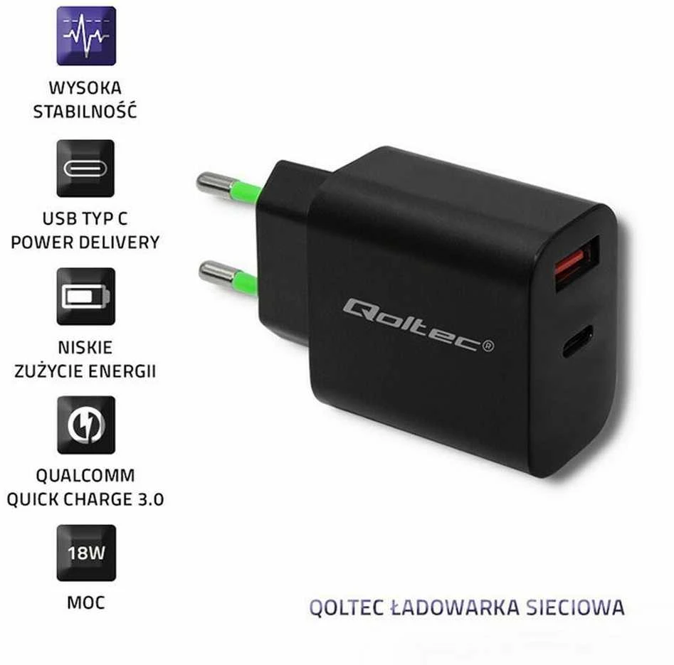 QOLTEC 51713 Charger 18W 5-12V 1.5-3A USB type C PD USB QC 3.0 Juodas