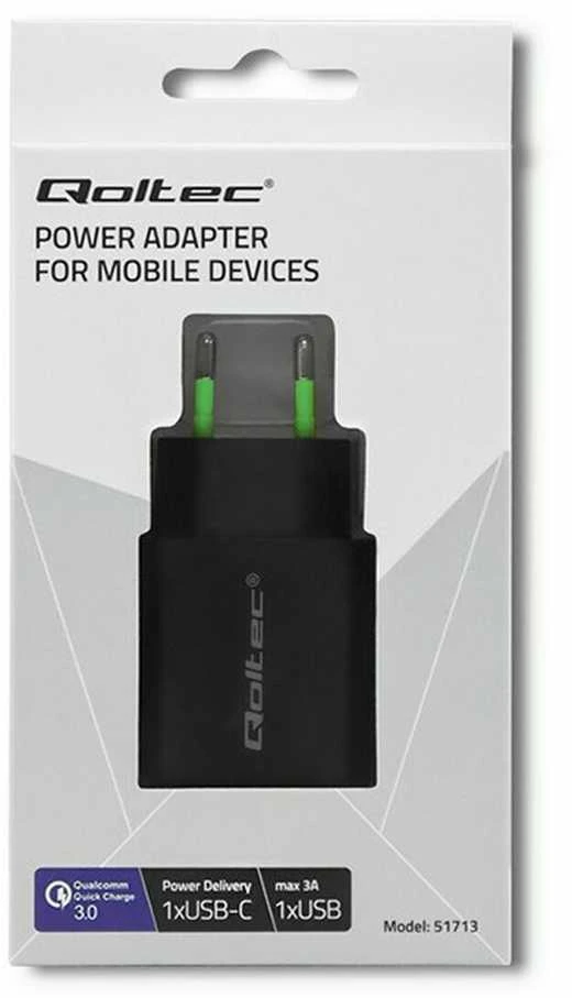 QOLTEC 51713 Charger 18W 5-12V 1.5-3A USB type C PD USB QC 3.0 Juodas