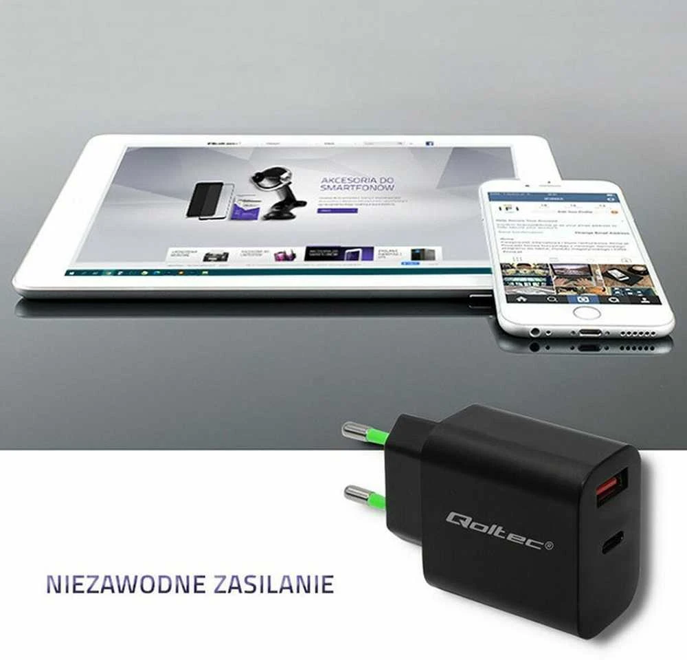 QOLTEC 51713 Charger 18W 5-12V 1.5-3A USB type C PD USB QC 3.0 Juodas