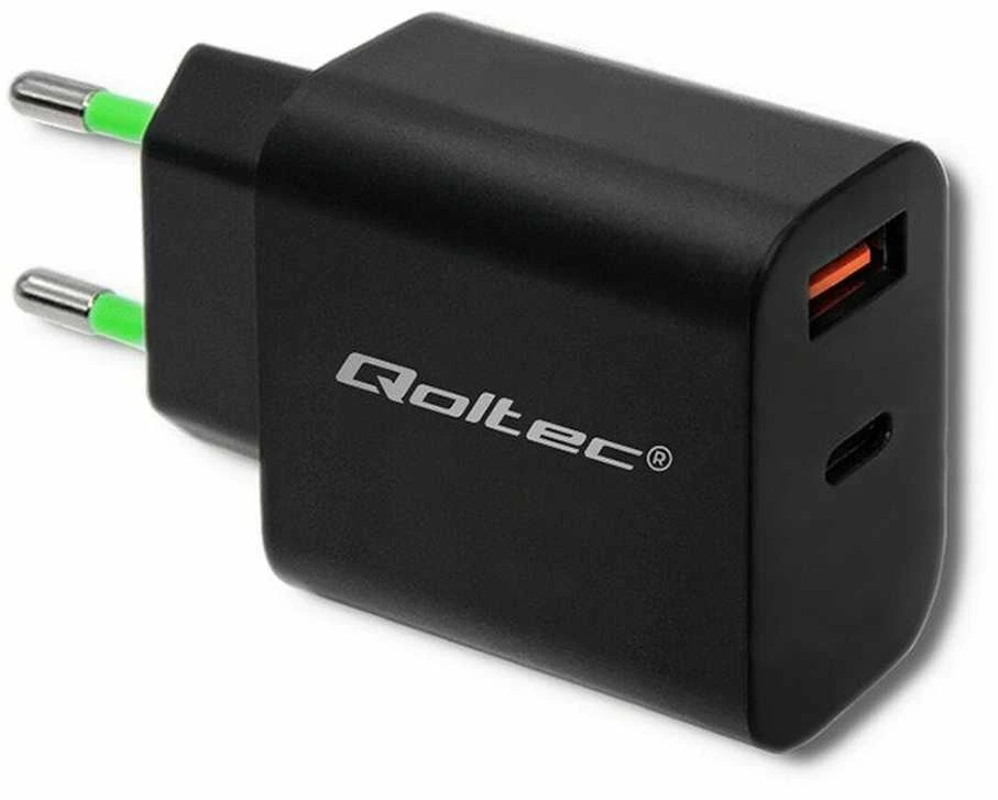 QOLTEC 51713 Charger 18W 5-12V 1.5-3A USB type C PD USB QC 3.0 Juodas