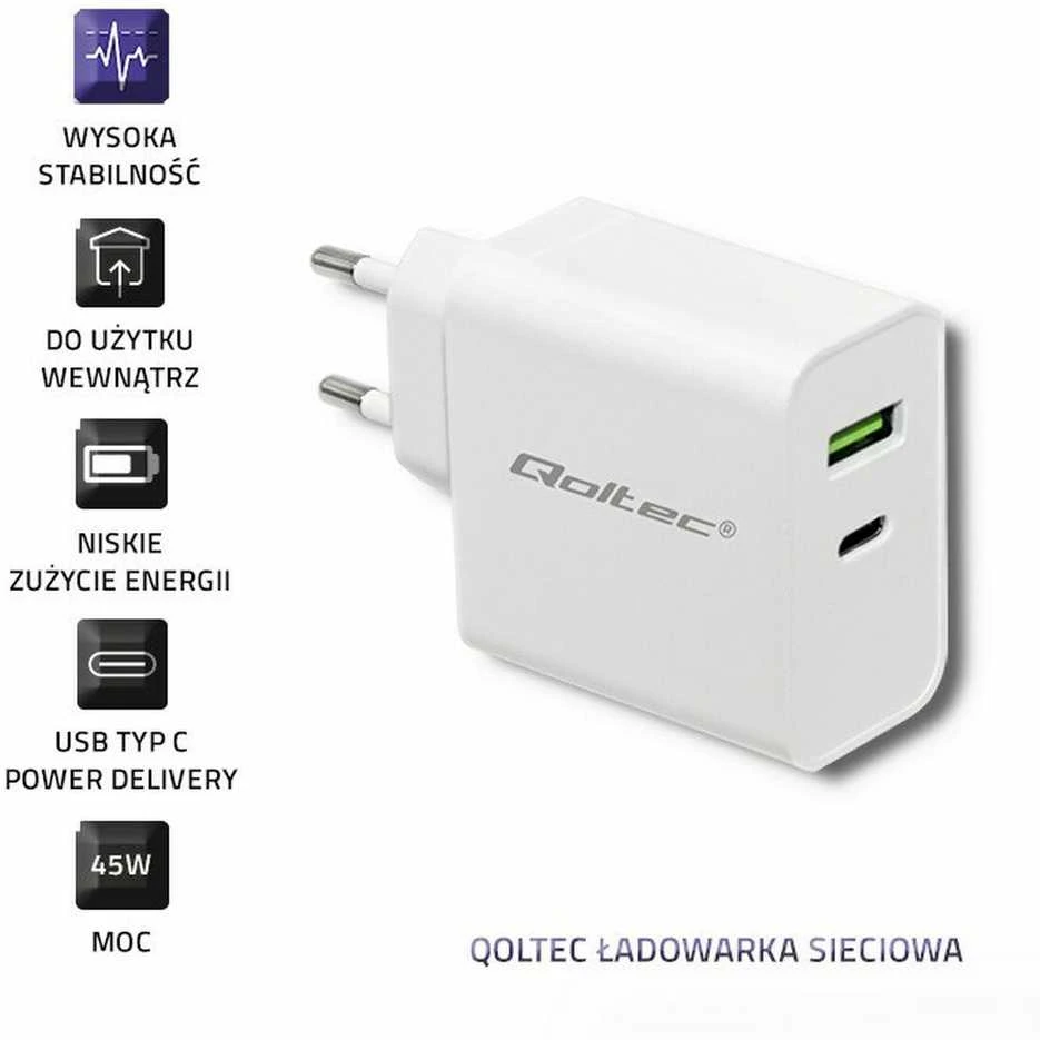 QOLTEC 51718 Įkroviklis 42W 5-20V 2.4-3A USB tipas C PD USB Baltas