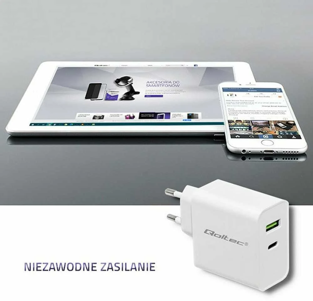QOLTEC 51718 Įkroviklis 42W 5-20V 2.4-3A USB tipas C PD USB Baltas