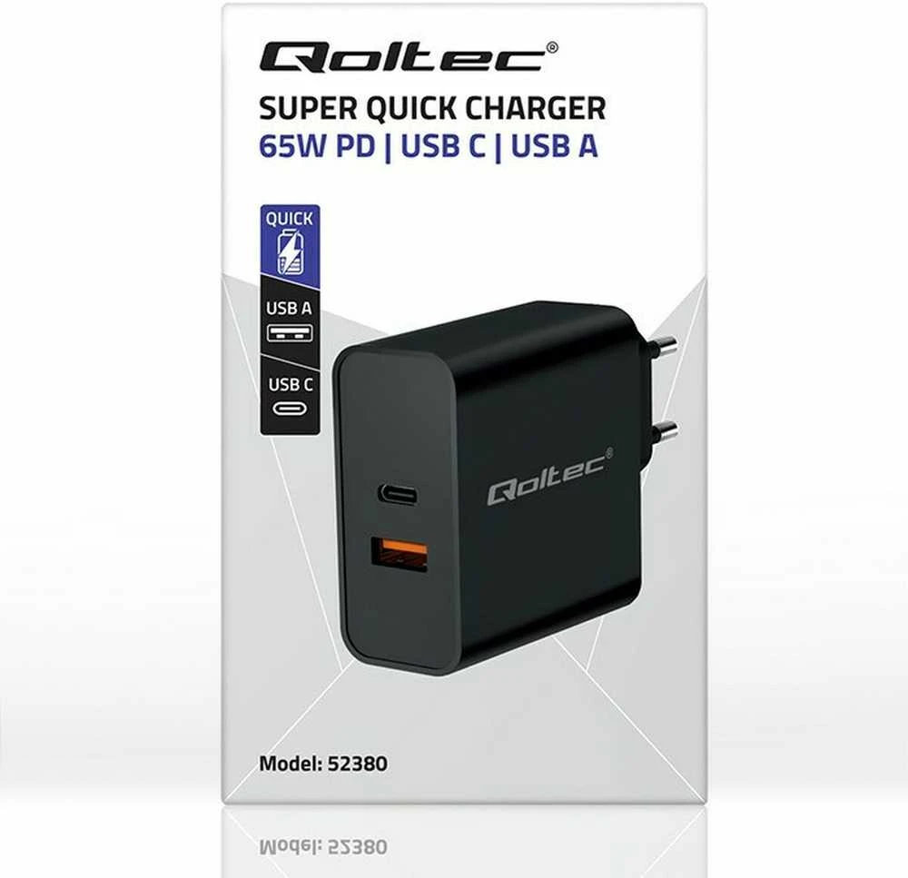 Įkroviklis - Qoltec 52380 65W PD USB-C & USB Juodas