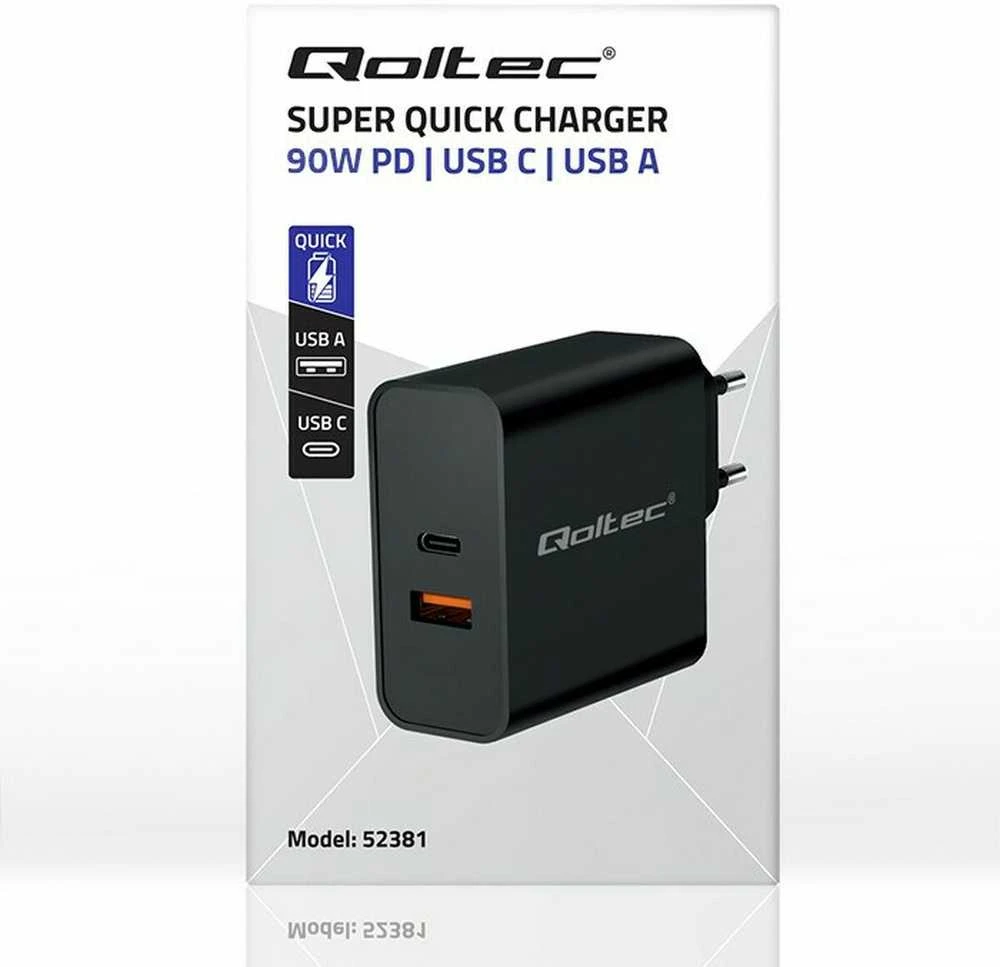Įkroviklis - Qoltec 52381 90W PD 1xUSB-C 1xUSB Juodas