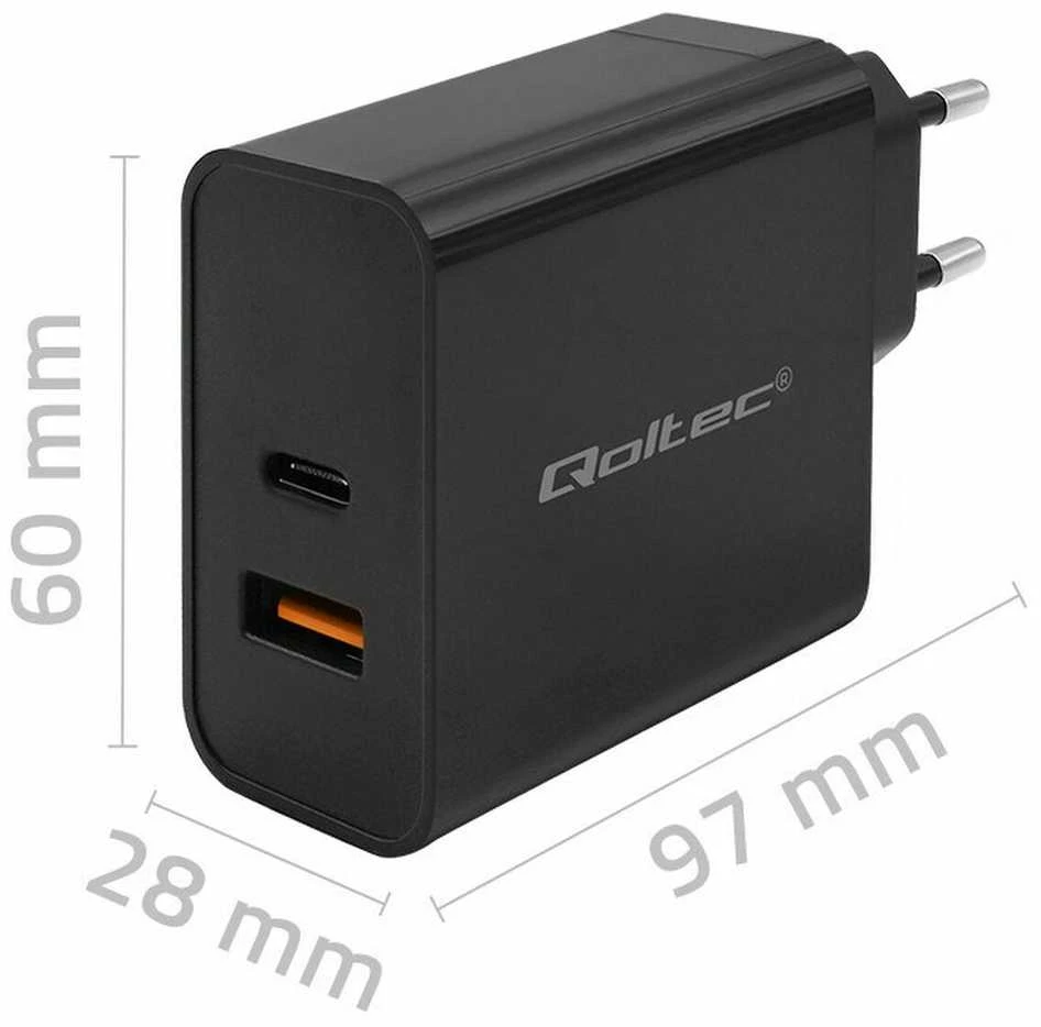 Įkroviklis - Qoltec 52381 90W PD 1xUSB-C 1xUSB Juodas