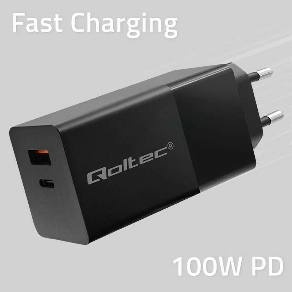 Įkroviklis - Qoltec 52382 GaN 100W PD USB Type-C ir A Juodas