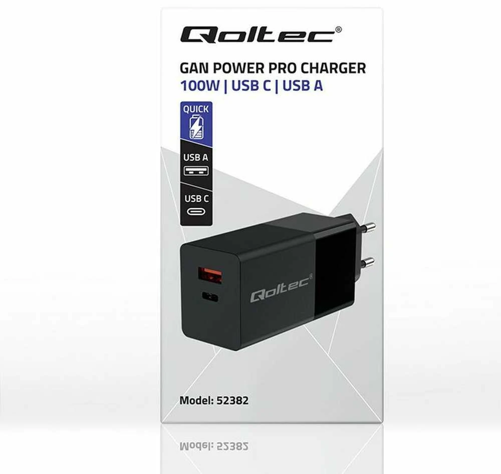 Įkroviklis - Qoltec 52382 GaN 100W PD USB Type-C ir A Juodas