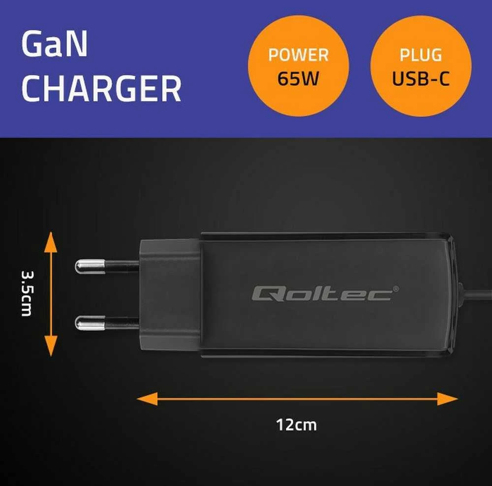„Qoltec 52419“ 65 W „GaN“ itin greitas įkroviklis | 5–20 V | 3–3,25 A | USB-C 3.1