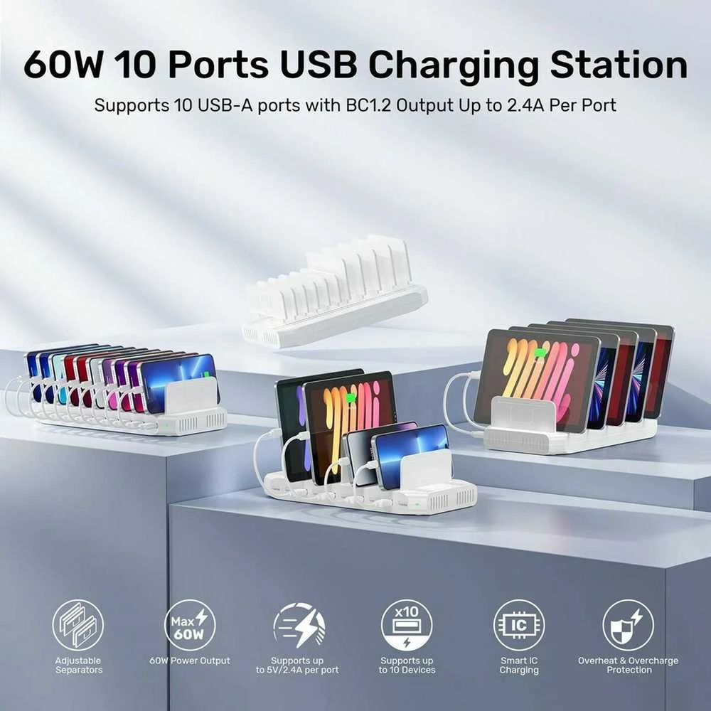 Unitek įkrovimo stotelė 10xUSB 2.4A 60W balta