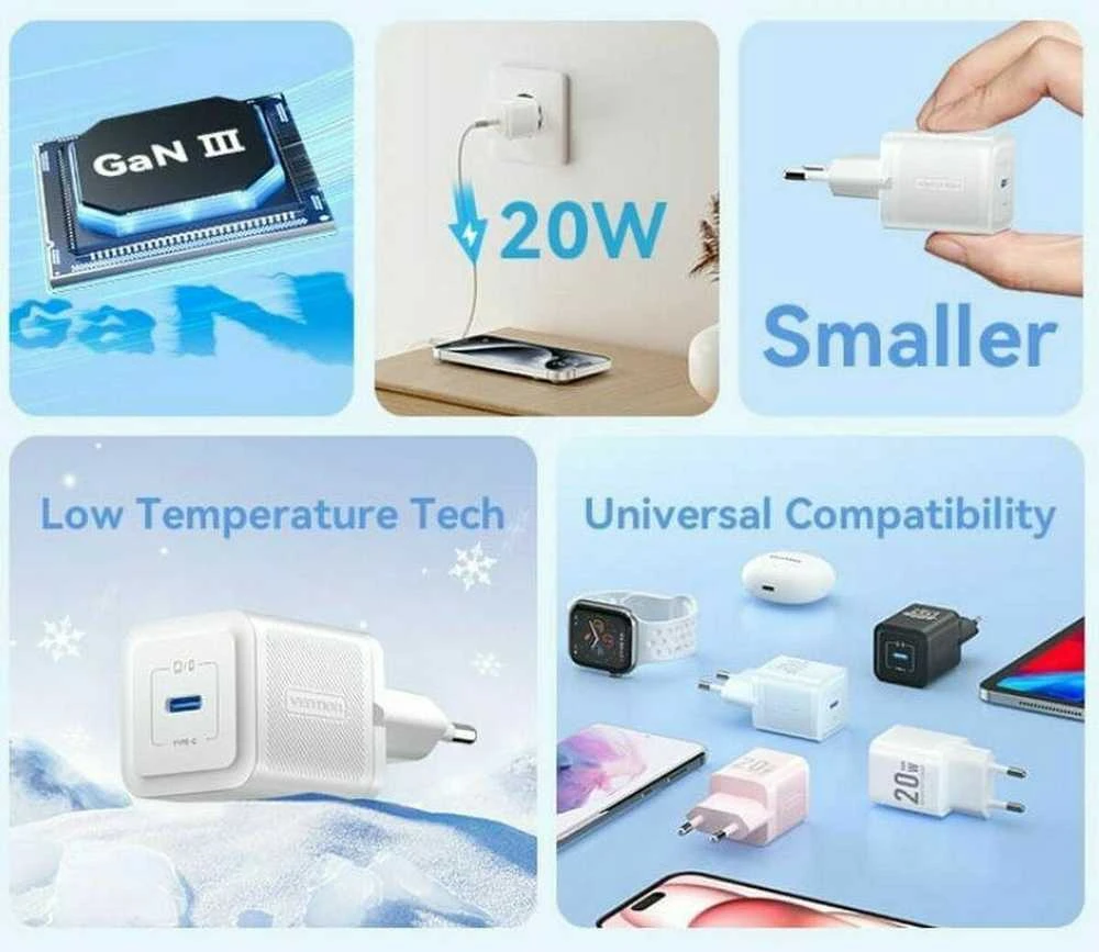 Vention Sieninis įkroviklis, ventiliacija, FEPB0-EU, USB-C, 20 W, GaN (juodas)