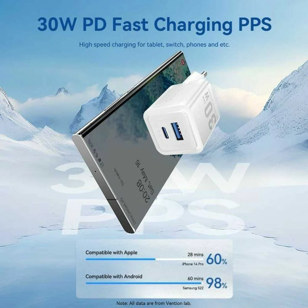 Vention Sieninis įkroviklis, ventiliacija, FEQB0-EU, USB-C, USB-A, 30W/30W, GaN (juoda)