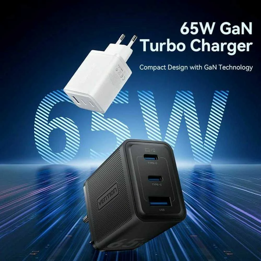 Vention Sieninis įkroviklis, ventiliacija, FERB0-EU, 2xUSB-C, USB-A, 65W/65W/30W, GaN (juoda)