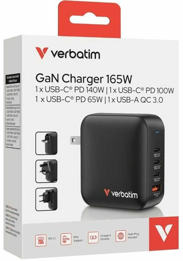 Verbatim Mini GaN Charger 165W Universalus Juoda AC Spartusis įkrovimas Vidaus