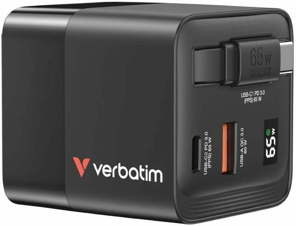 Verbatim GaN sieninis įkroviklis, 65 W, 2 prievadai, USB-C laidas, sulankstomas JAV kištukas su ES / JK adapteriais